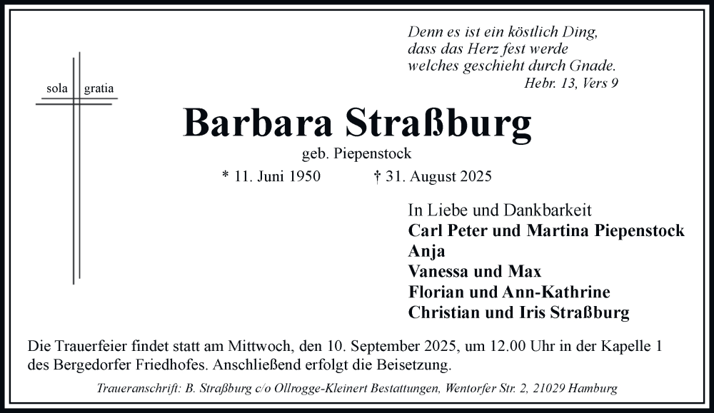  Traueranzeige für Barbara Straßburg vom 06.09.2025 aus Bergedorfer Zeitung