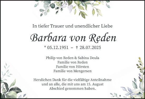 Traueranzeige von Barbara von Reden von Hamburger Abendblatt