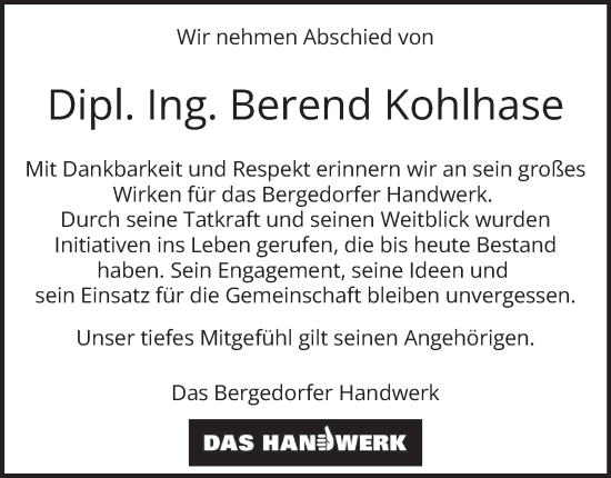 Traueranzeige von Berend Kohlhase von Bergedorfer Zeitung