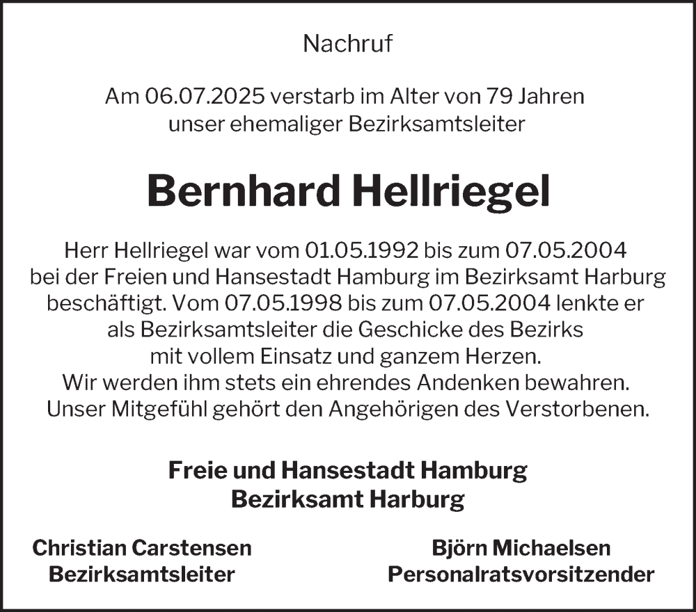  Traueranzeige für Bernhard Hellriegel vom 13.09.2025 aus HA Regio Harburg