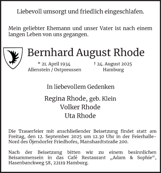 Traueranzeige von Bernhard August Rhode von Hamburger Abendblatt