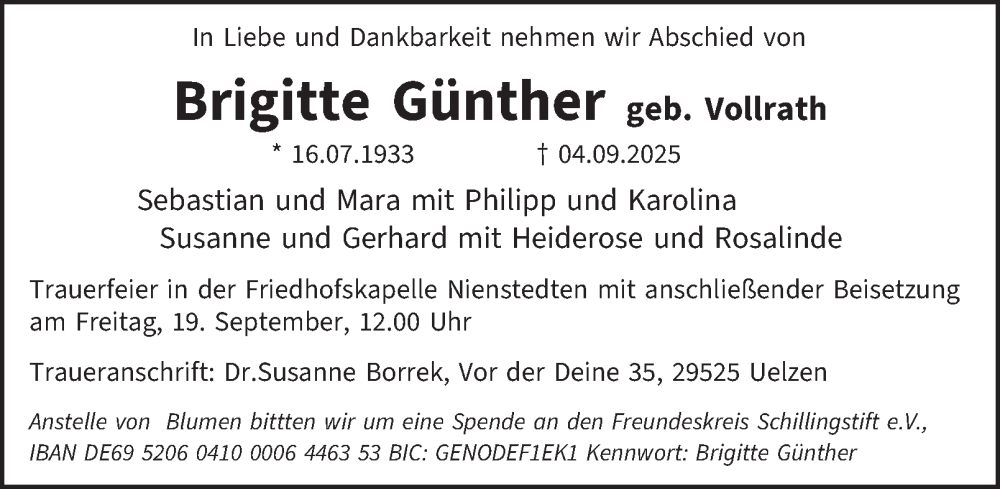  Traueranzeige für Brigitte Günther vom 13.09.2025 aus Hamburger Abendblatt