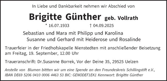 Traueranzeige von Brigitte Günther von Hamburger Abendblatt