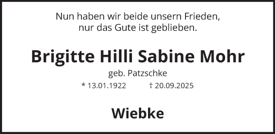 Traueranzeige von Brigitte Hilli Sabine Mohr von Hamburger Abendblatt