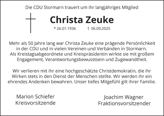 Traueranzeige von Christa Zeuke von HA Regio Stormarn