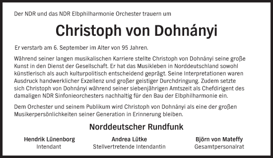 Traueranzeige von Christoph von Dohnányi von Hamburger Abendblatt