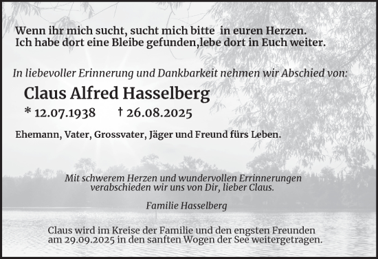 Traueranzeige von Claus Alfred Hasselberg von HA Regio Stormarn