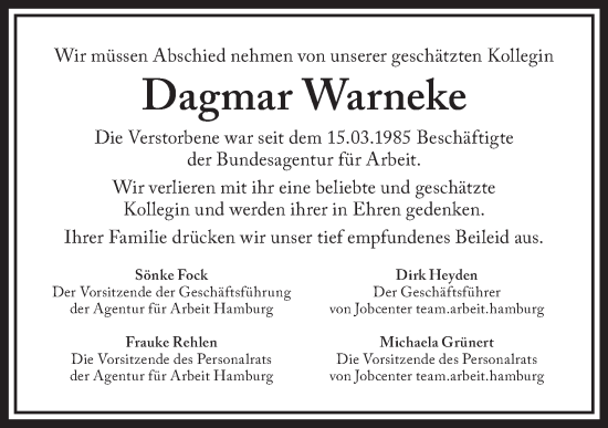 Traueranzeige von Dagmar Warneke von Hamburger Abendblatt