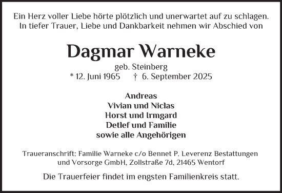 Traueranzeige von Dagmar Warneke von Bergedorfer Zeitung