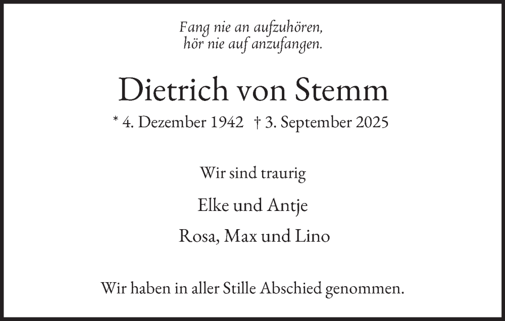  Traueranzeige für Dietrich von Stemm vom 27.09.2025 aus Hamburger Abendblatt