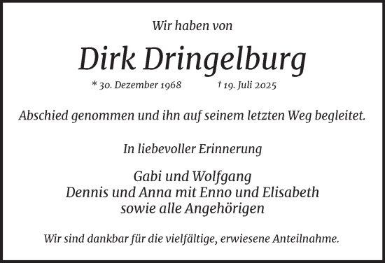 Traueranzeige von Dirk Dringelburg 