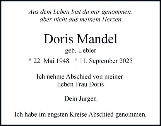 Traueranzeige von Doris Mandel von Hamburger Abendblatt