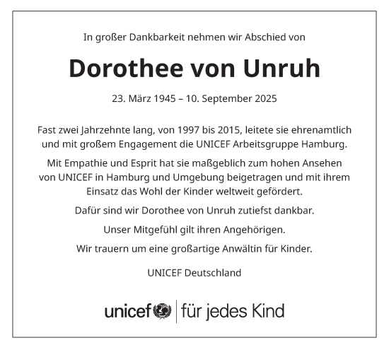 Traueranzeige von Dorothee von Unruh von Hamburger Abendblatt