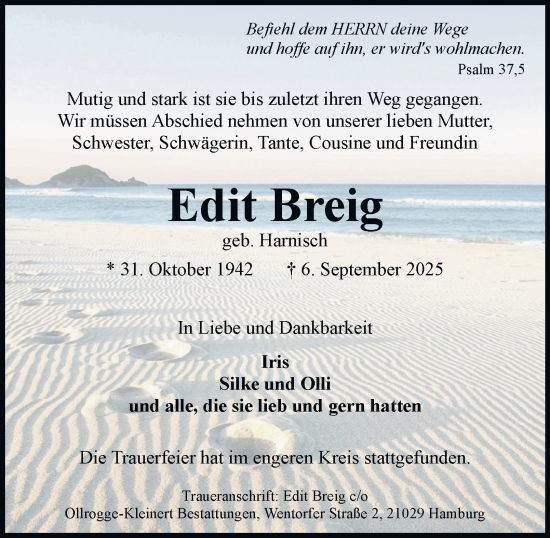 Traueranzeige von Edit Breig von Bergedorfer Zeitung