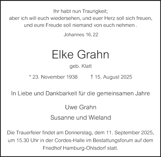 Traueranzeige von Elke Grahn von Hamburger Abendblatt