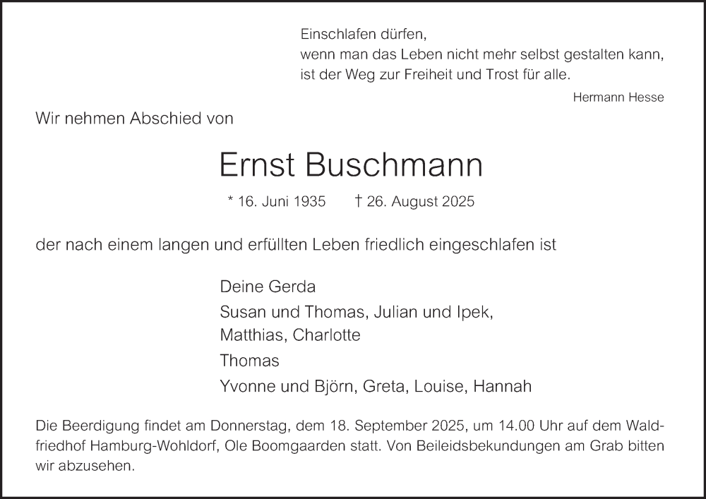  Traueranzeige für Ernst Buschmann vom 13.09.2025 aus Hamburger Abendblatt