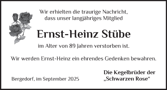 Traueranzeige von Ernst-Heinz Stübe von Bergedorfer Zeitung