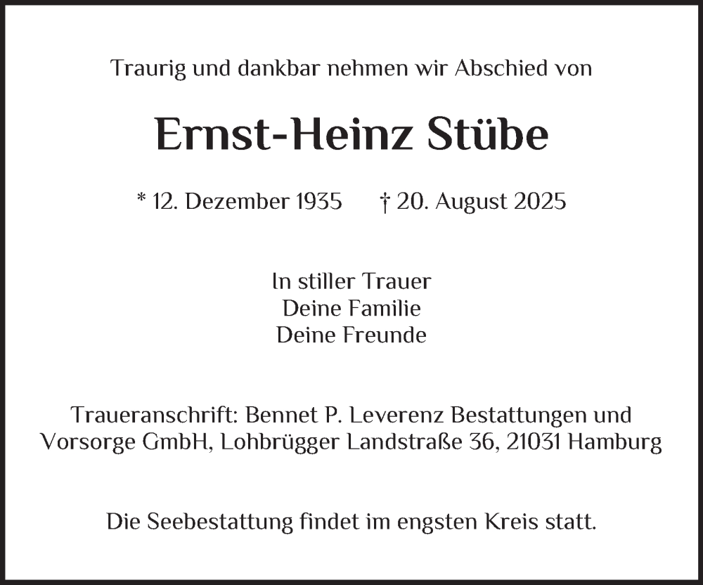  Traueranzeige für Ernst-Heinz Stübe vom 06.09.2025 aus Bergedorfer Zeitung