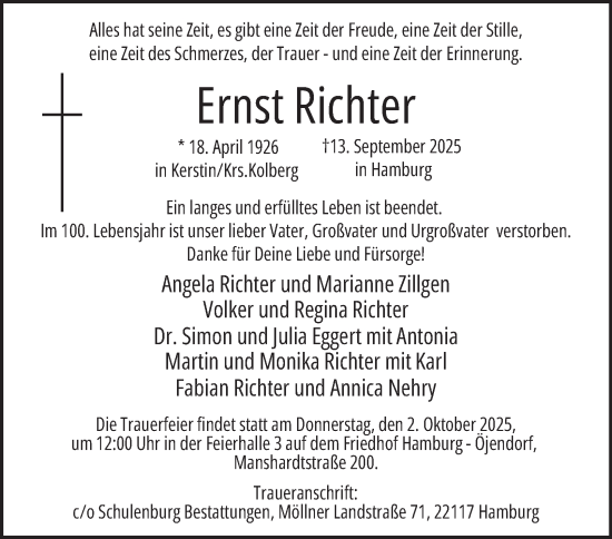 Traueranzeige von Ernst Richter von Hamburger Abendblatt