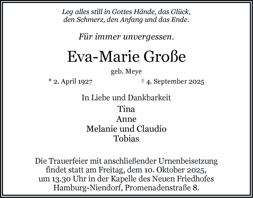  Traueranzeige für Eva-Marie Große vom 20.09.2025 aus Hamburger Abendblatt