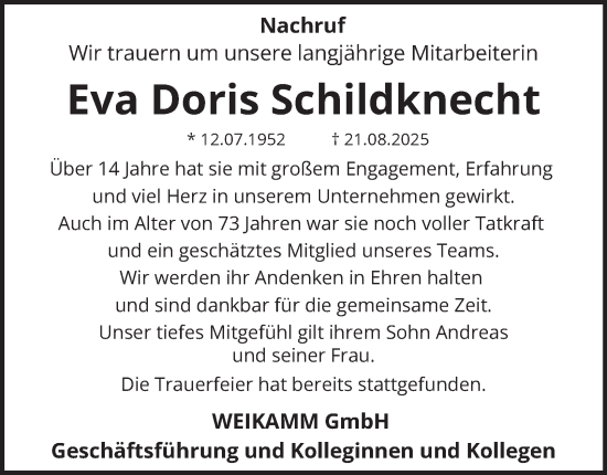 Traueranzeige von Eva Doris Schildknecht von Hamburger Abendblatt