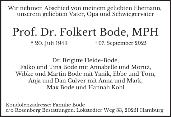 Traueranzeige von Folkert Bode von Hamburger Abendblatt