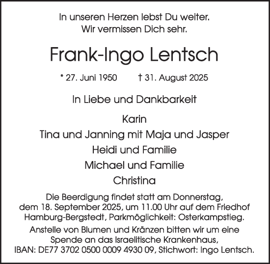 Traueranzeige von Frank-Ingo Lentsch von Hamburger Abendblatt