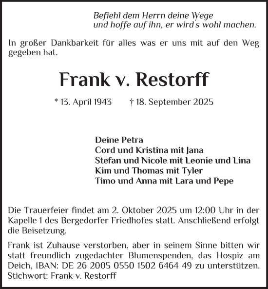 Traueranzeige von Frank v. Restorff von Bergedorfer Zeitung
