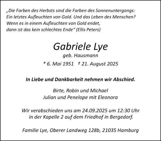 Traueranzeige von Gabriele Lye von Bergedorfer Zeitung