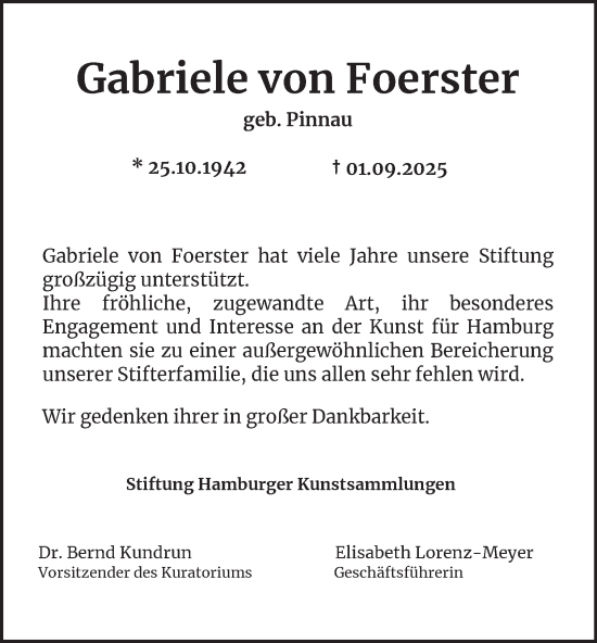 Traueranzeige von Gabriele von Foerster von Hamburger Abendblatt