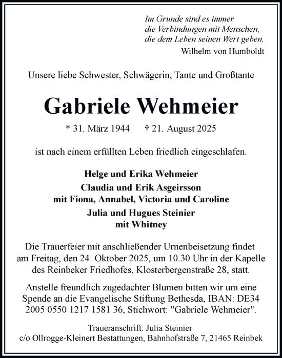 Traueranzeige von Gabriele Wehmeier von Bergedorfer Zeitung