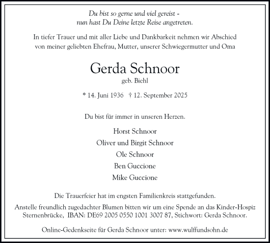 Traueranzeige von Gerda Schnoor von Hamburger Abendblatt