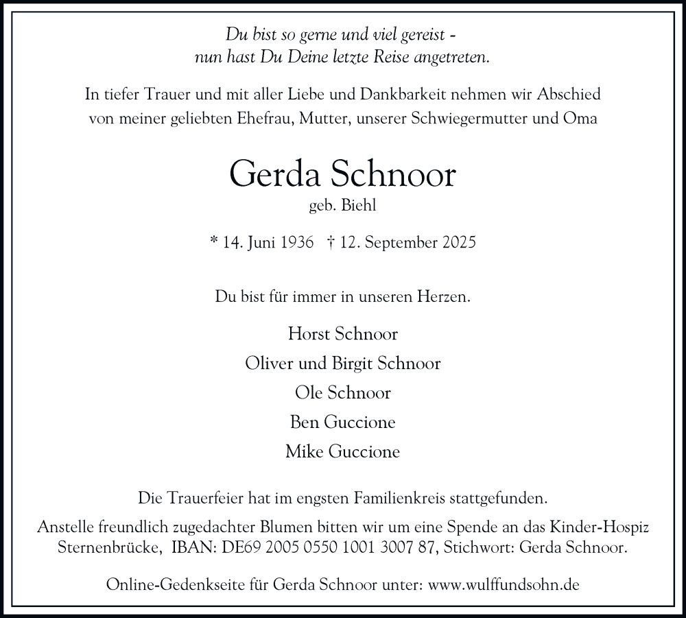  Traueranzeige für Gerda Schnoor vom 20.09.2025 aus Hamburger Abendblatt