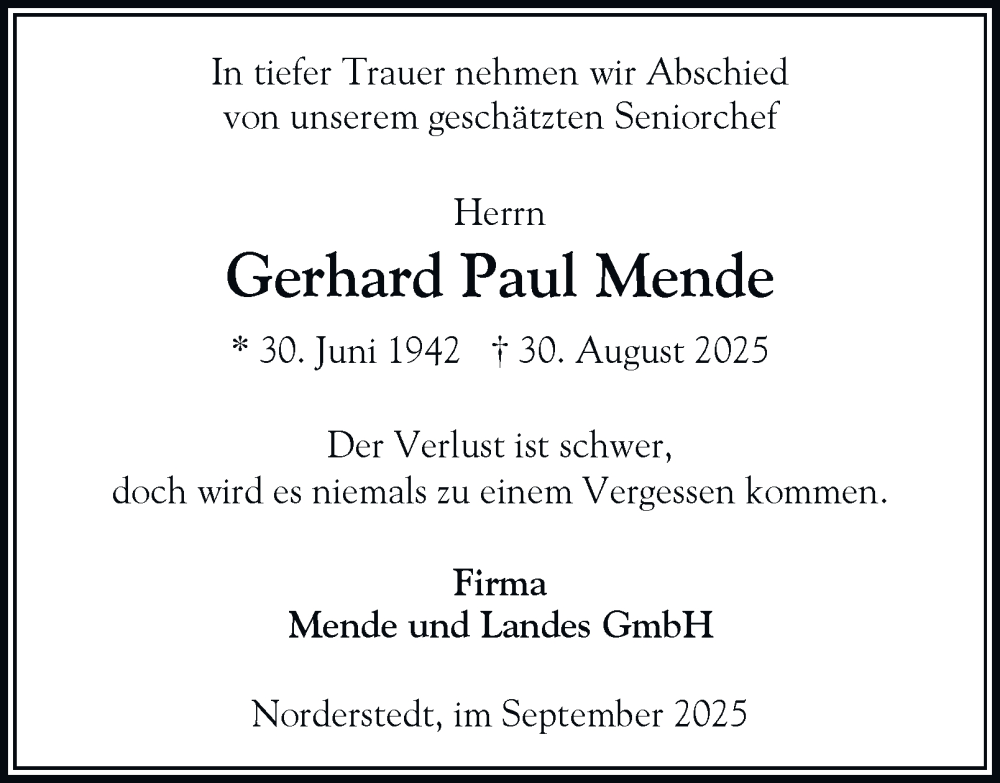  Traueranzeige für Gerhard Paul Mende vom 13.09.2025 aus Hamburger Abendblatt