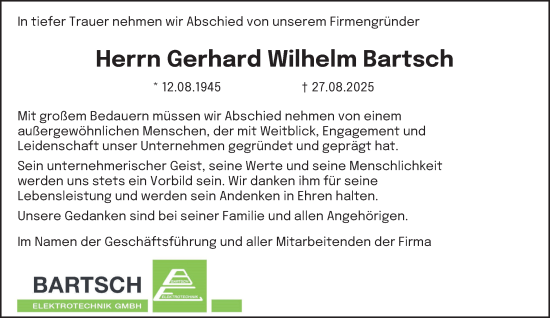 Traueranzeige von Gerhard Wilhelm Bartsch von Hamburger Abendblatt