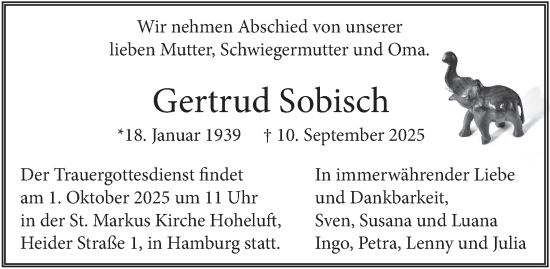 Traueranzeige von Gertrud Sobisch von Hamburger Abendblatt