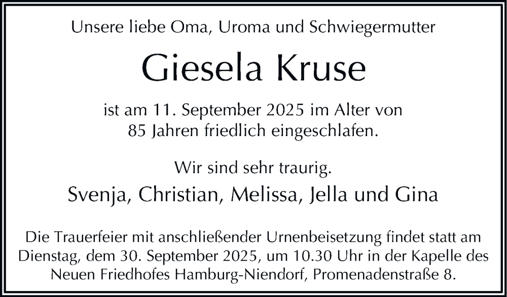  Traueranzeige für Giesela Kruse vom 20.09.2025 aus 