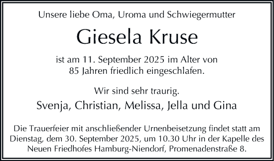 Traueranzeige von Giesela Kruse 