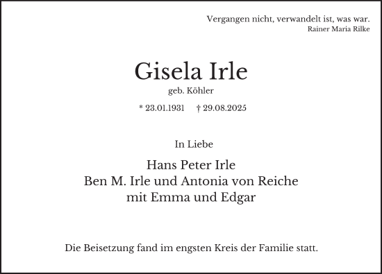 Traueranzeige von Gisela Irle von Hamburger Abendblatt