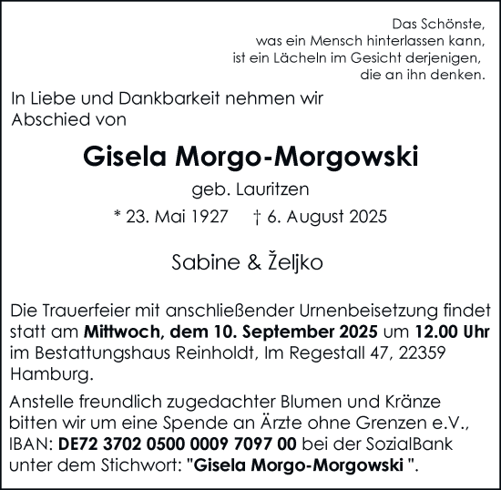Traueranzeige von Gisela Morgo-Morgowski von Hamburger Abendblatt