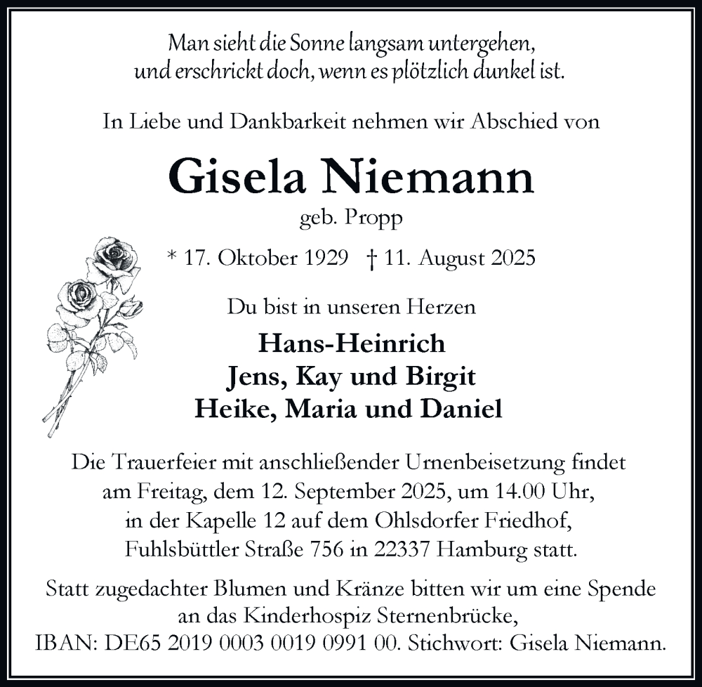  Traueranzeige für Gisela Niemann vom 06.09.2025 aus Hamburger Abendblatt