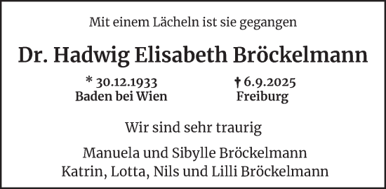 Traueranzeige von Hadwig Elisabeth Bröckelmann von Hamburger Abendblatt