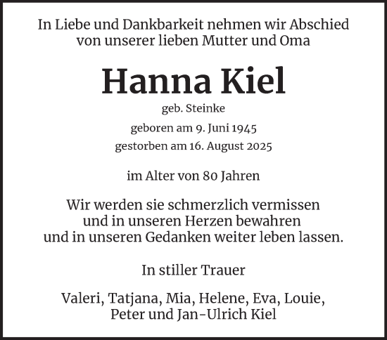 Traueranzeige von Hanna Kiel von Hamburger Abendblatt