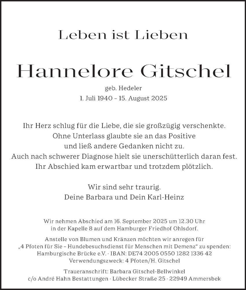  Traueranzeige für Hannelore Gitschel vom 06.09.2025 aus Hamburger Abendblatt