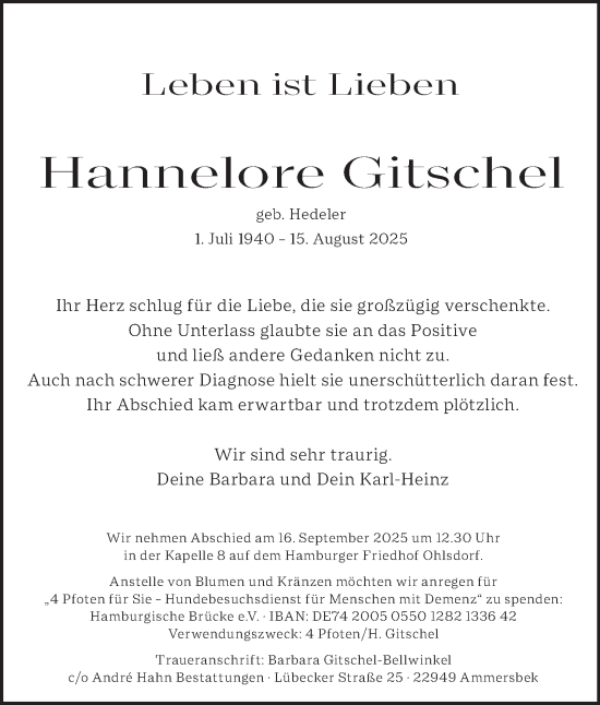 Traueranzeige von Hannelore Gitschel von Hamburger Abendblatt