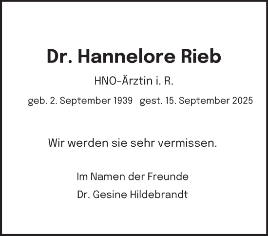 Traueranzeige von Hannelore Rieb von Hamburger Abendblatt
