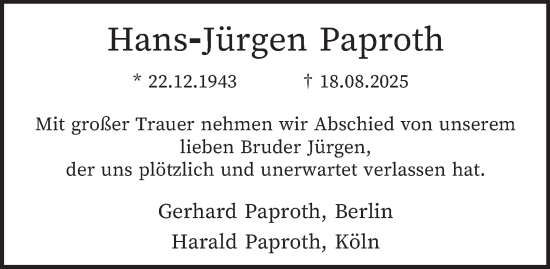 Traueranzeige von Hans-Jürgen Paproth von Hamburger Abendblatt