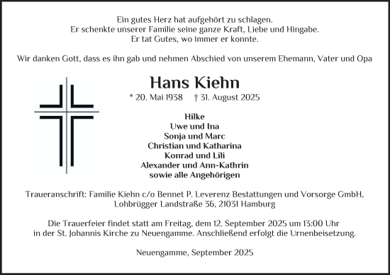 Traueranzeige von Hans Kiehn von Bergedorfer Zeitung