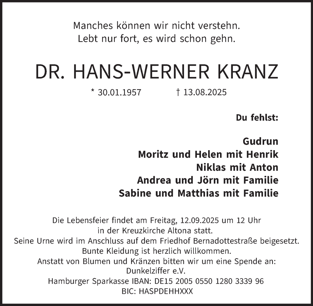  Traueranzeige für Hans-Werner Kranz vom 06.09.2025 aus Hamburger Abendblatt