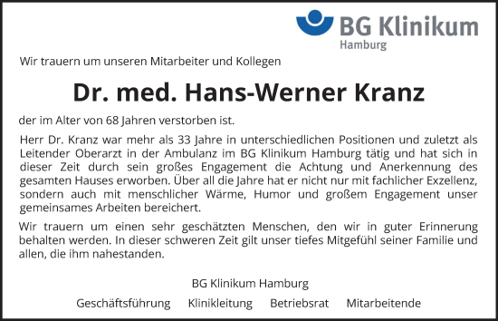 Traueranzeige von Hans-Werner Kranz von Hamburger Abendblatt